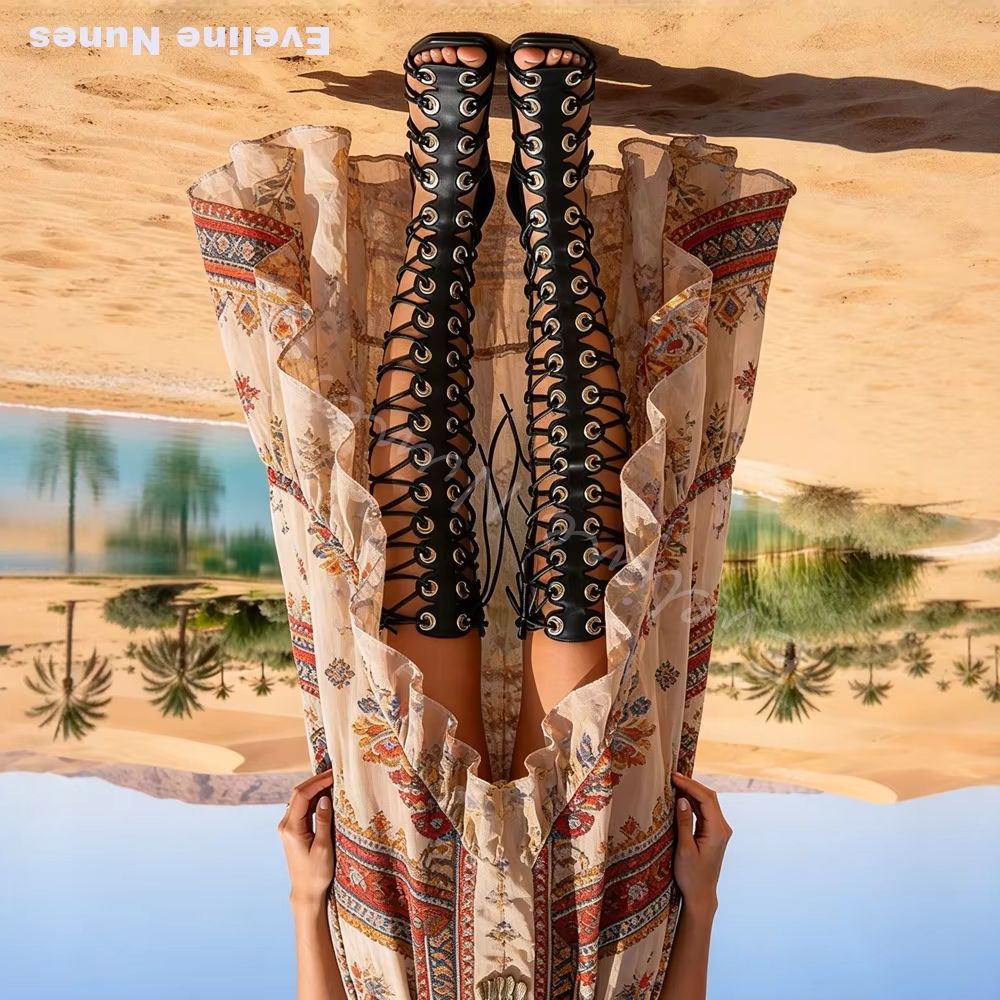 Knee High Boots Women - Kadın Gladyatör Diz Üstü Sandalet, Kare